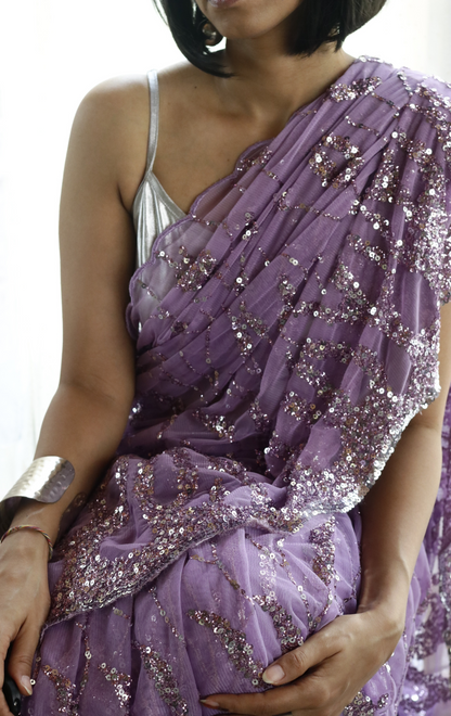 Silver Mauve Sequin Cocktail Saree 'Mauve Morning' : Festive Evening Sequin Cocktail Saree Collection