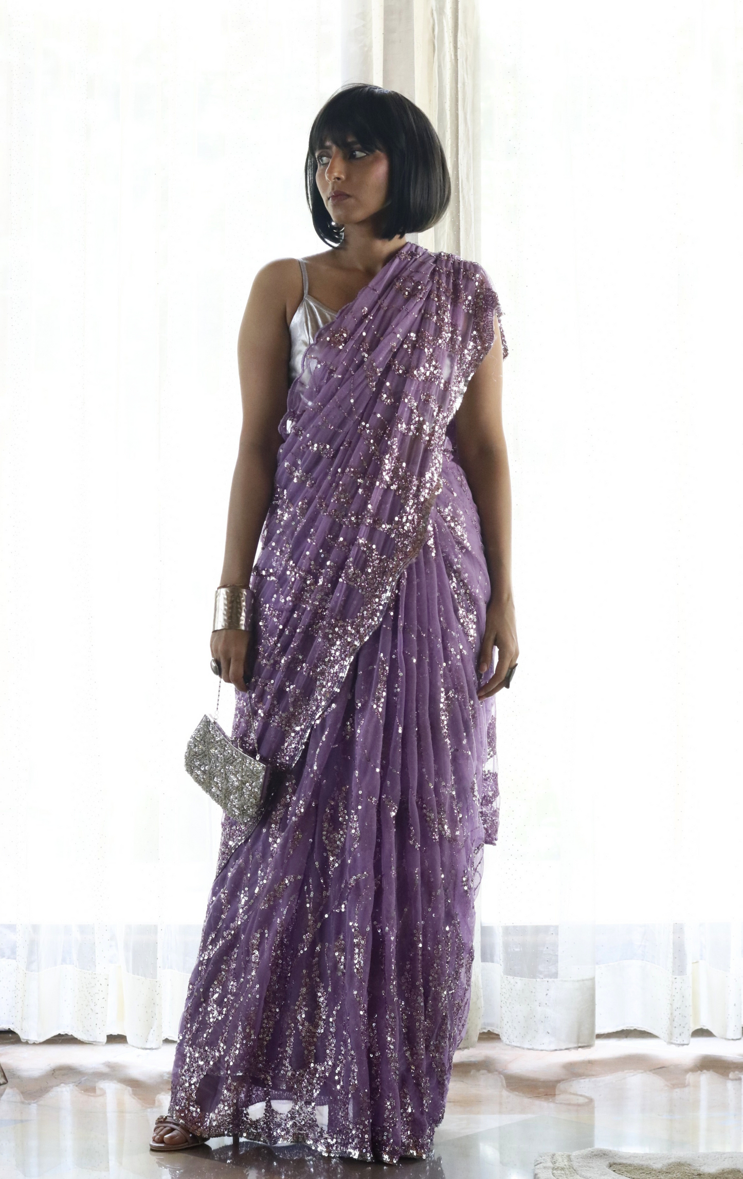 Silver Mauve Sequin Cocktail Saree 'Mauve Morning' : Festive Evening Sequin Cocktail Saree Collection