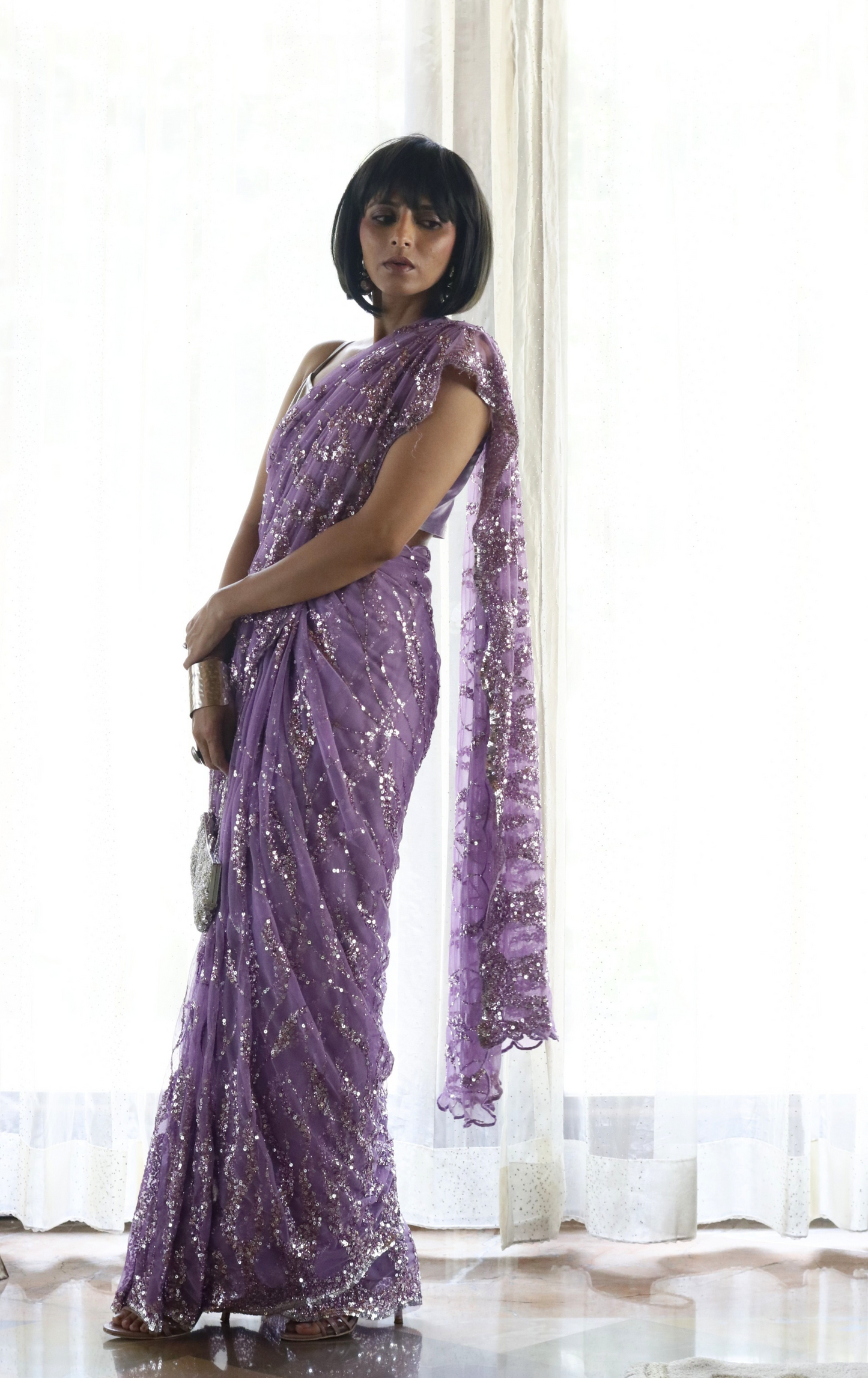 Silver Mauve Sequin Cocktail Saree 'Mauve Morning' : Festive Evening Sequin Cocktail Saree Collection