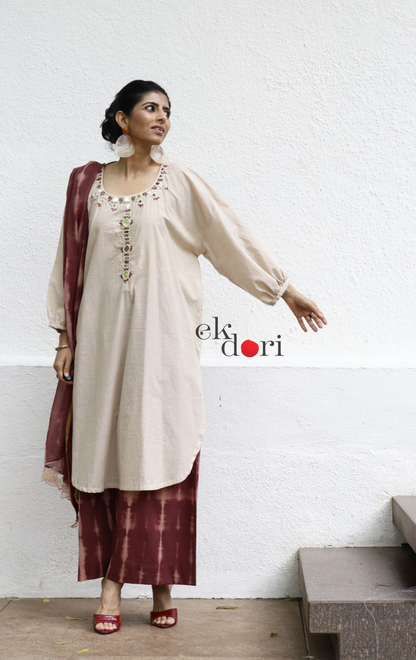 Cotton Hand Embroidered Kurta Co-Ord Set 'Sheesha' : Buy Palazzo Pant Kurta Tie Dye Cotton Co-ord Set&nbsp;