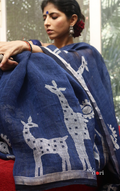 Buy 'Mother Deer' Navy Blue Linen Cotton Jamdani Saree : Navy Blue Needle Jamdani Handmade Saree