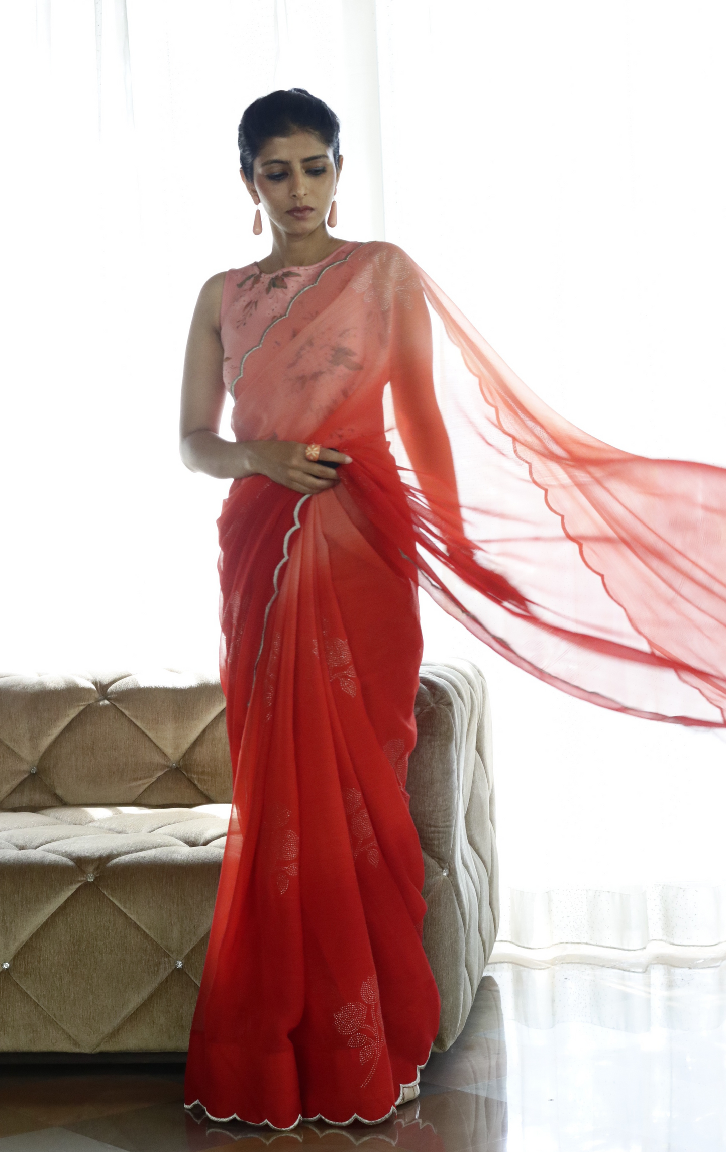 Buy Ombre Chiffon Saree Online : 'Goddess' Floral Semi Chiffon Saree With Scalloped Edges