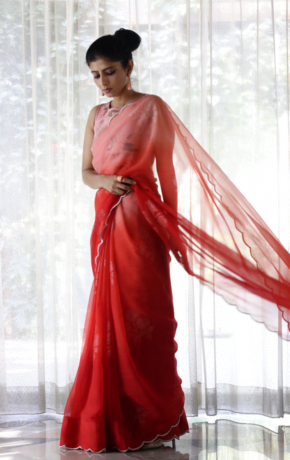 Buy Ombre Chiffon Saree Online : 'Goddess' Floral Semi Chiffon Saree With Scalloped Edges
