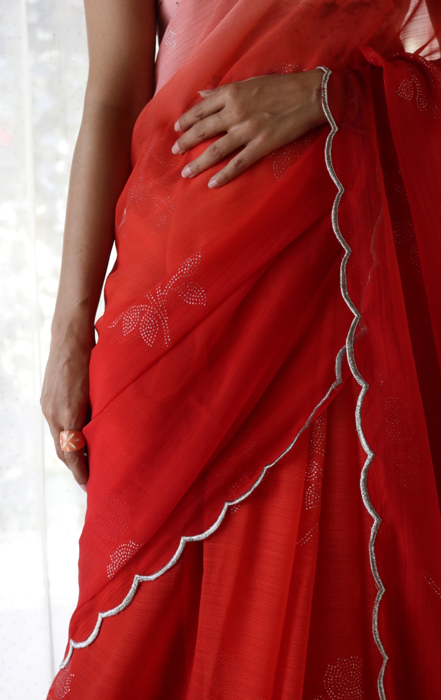 Buy Ombre Chiffon Saree Online : 'Goddess' Floral Semi Chiffon Saree With Scalloped Edges