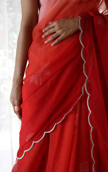 Buy Ombre Chiffon Saree Online : 'Goddess' Floral Semi Chiffon Saree With Scalloped Edges