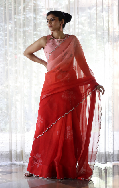 Buy Ombre Chiffon Saree Online : 'Goddess' Floral Semi Chiffon Saree With Scalloped Edges