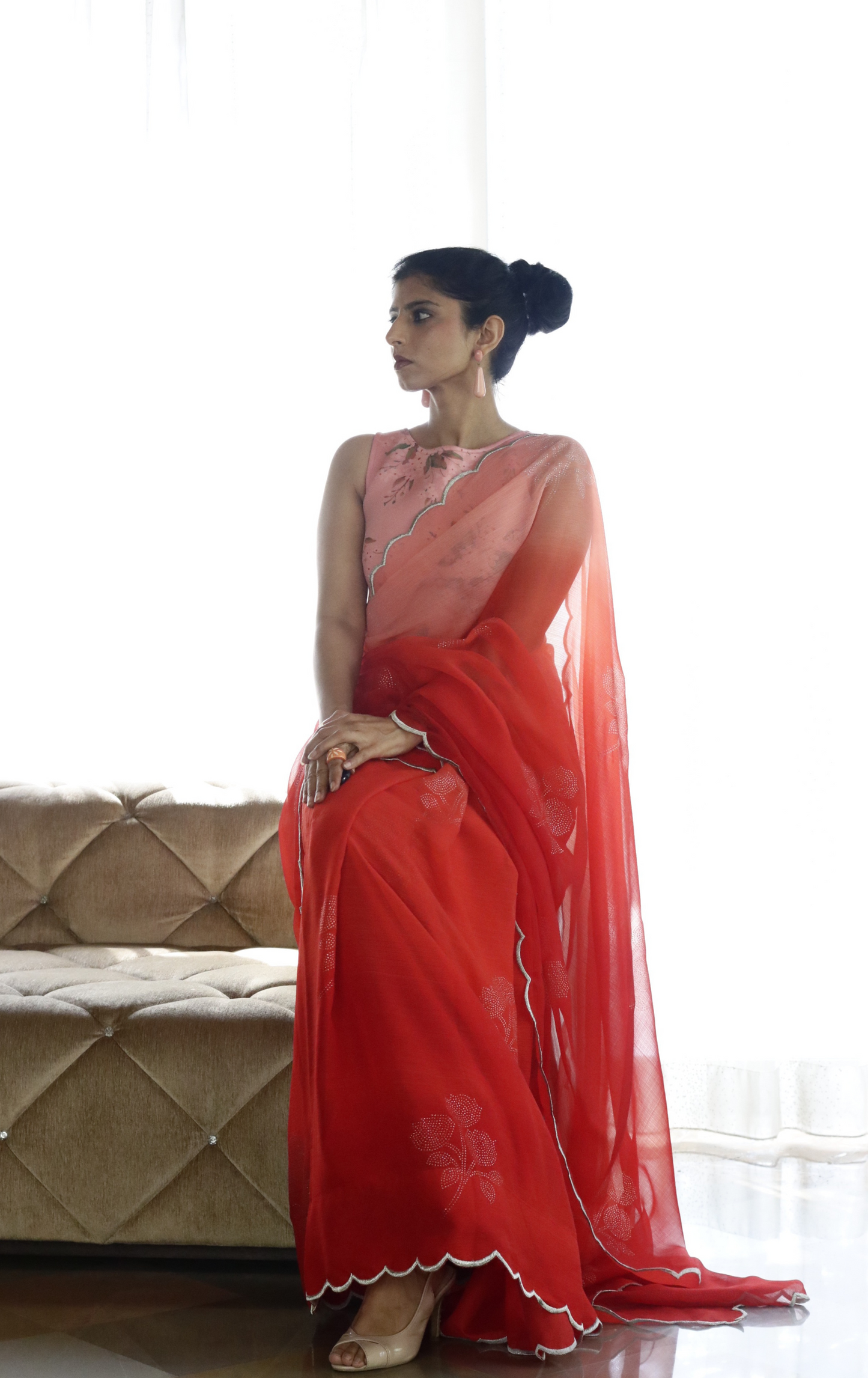 Buy Ombre Chiffon Saree Online : 'Goddess' Floral Semi Chiffon Saree With Scalloped Edges