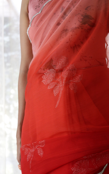 Buy Ombre Chiffon Saree Online : 'Goddess' Floral Semi Chiffon Saree With Scalloped Edges