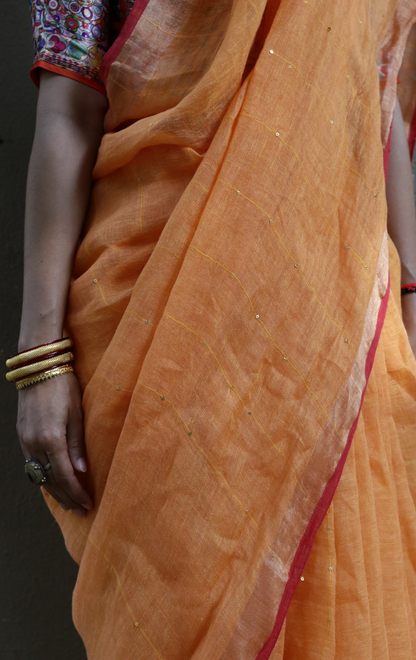 Buy Sequin Linen 'Marigold' Sari : Orange Maroon Sequin Linen Summer Saree