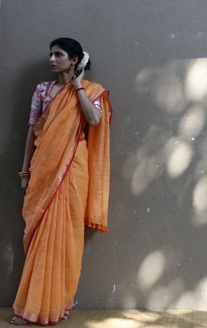 Buy Sequin Linen 'Marigold' Sari : Orange Maroon Sequin Linen Summer Saree