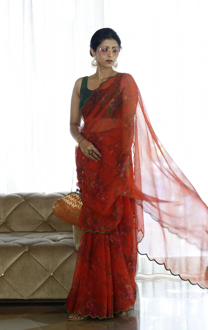 Buy Floral Chiffon Saree Online : 'Narangi' Floral Semi Chiffon Saree With Scalloped Edges