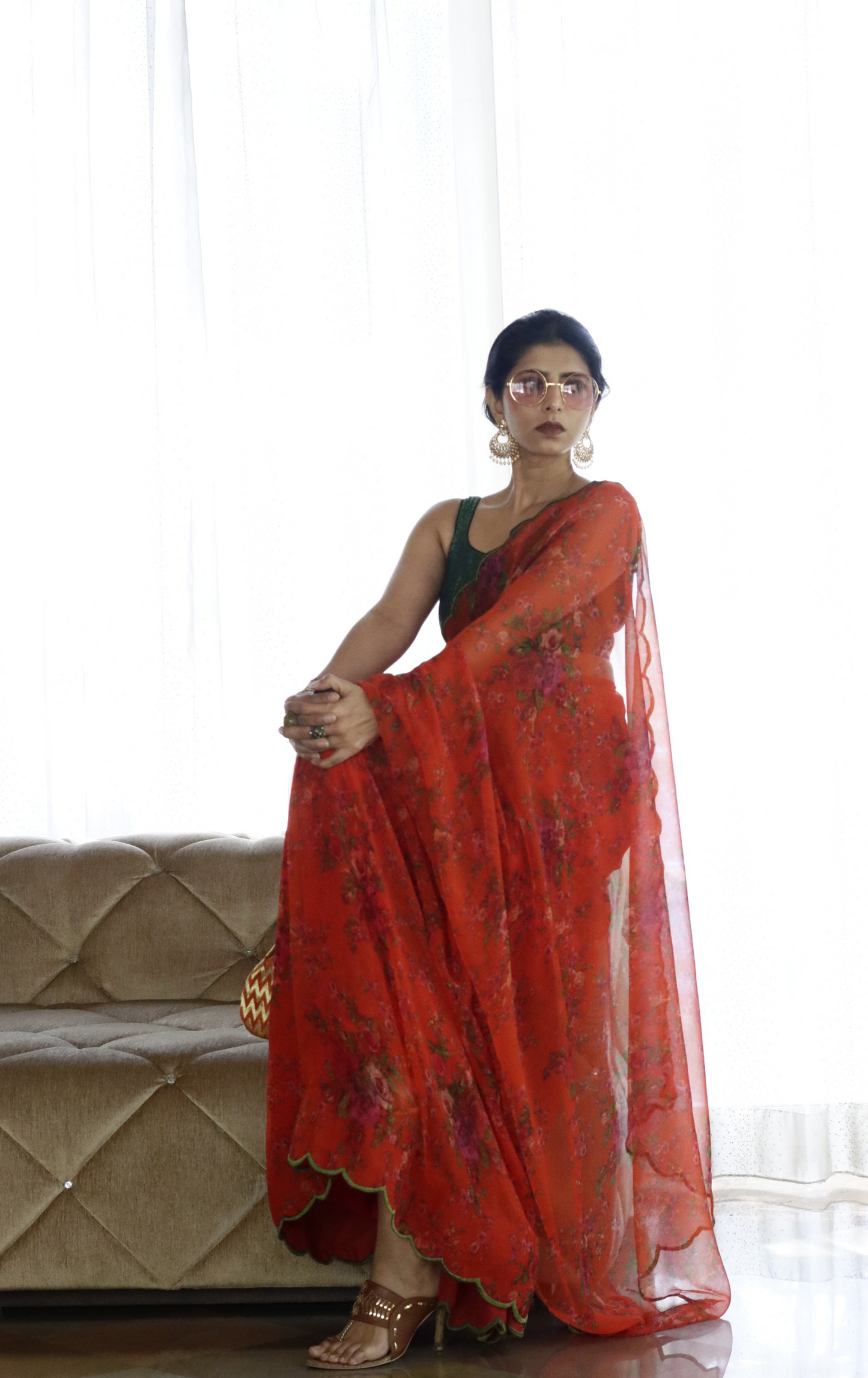 Buy Floral Chiffon Saree Online : 'Narangi' Floral Semi Chiffon Saree With Scalloped Edges