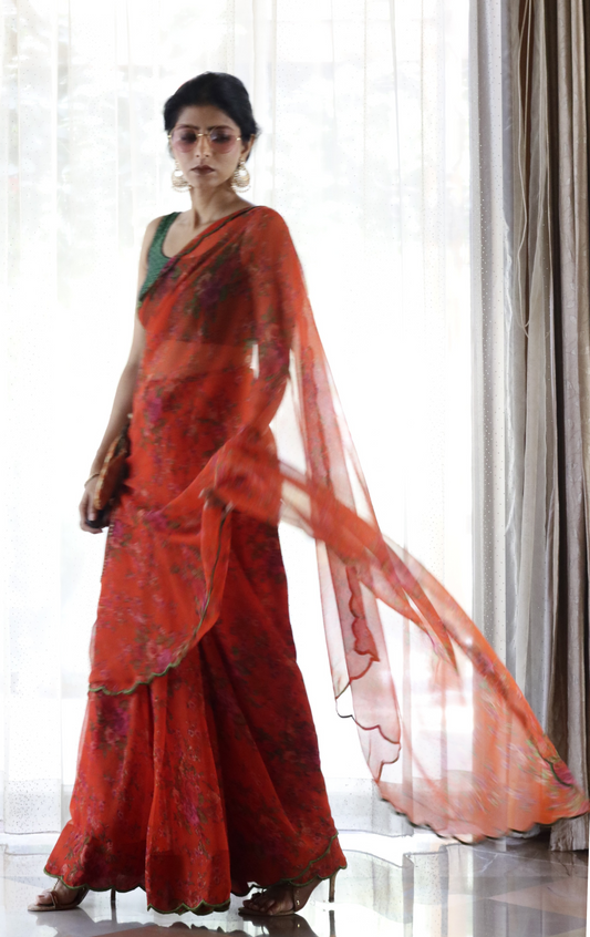 Buy Floral Chiffon Saree Online : 'Narangi' Floral Semi Chiffon Saree With Scalloped Edges