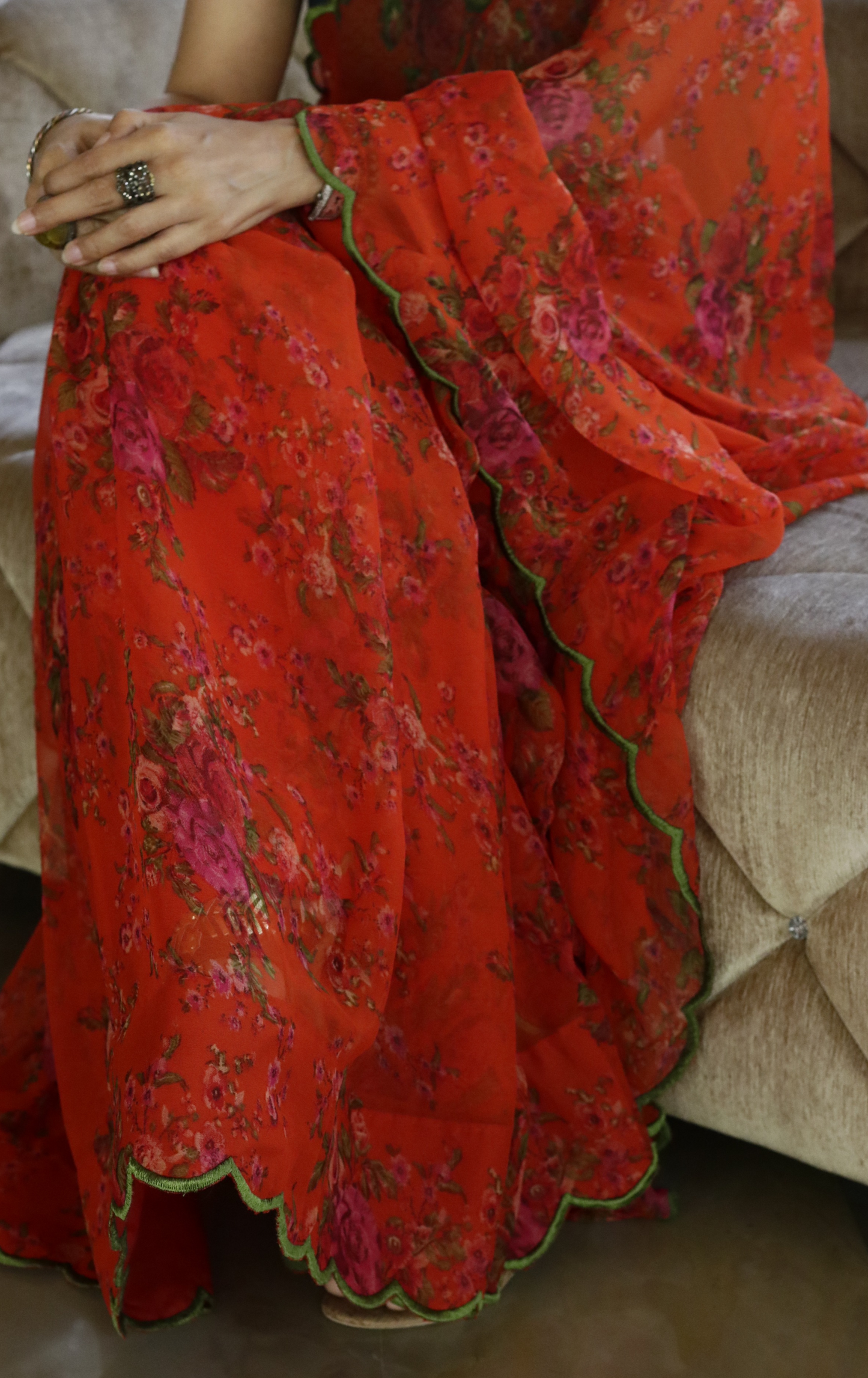 Buy Floral Chiffon Saree Online : 'Narangi' Floral Semi Chiffon Saree With Scalloped Edges
