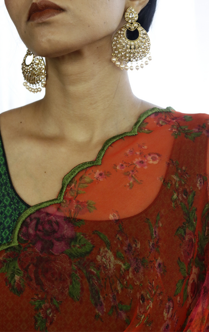 Buy Floral Chiffon Saree Online : 'Narangi' Floral Semi Chiffon Saree With Scalloped Edges