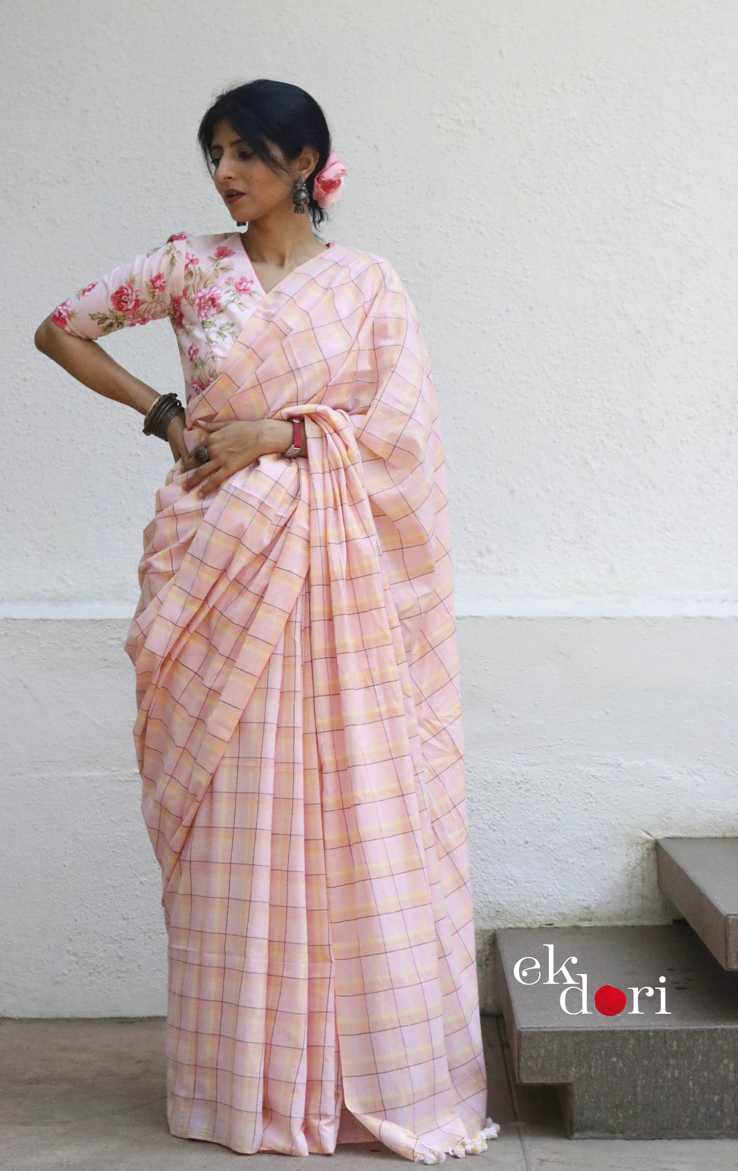 Soft Cotton Checks Handloom Saree 'Peaches & Sunshine' : Summer Cotton Handloom Saree