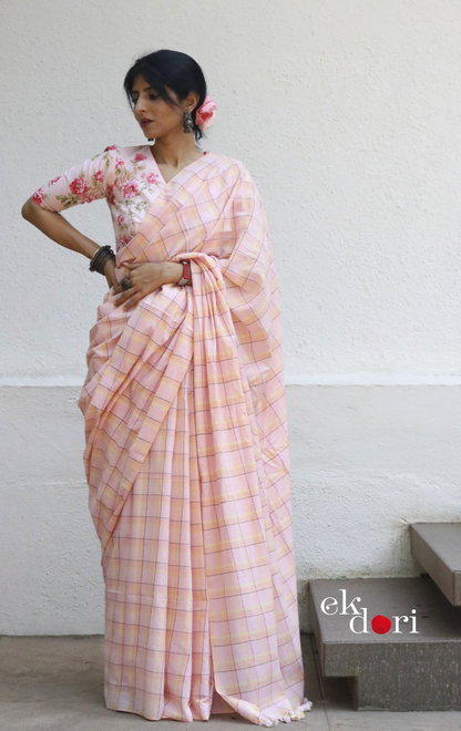 Soft Cotton Checks Handloom Saree 'Peaches & Sunshine' : Summer Cotton Handloom Saree