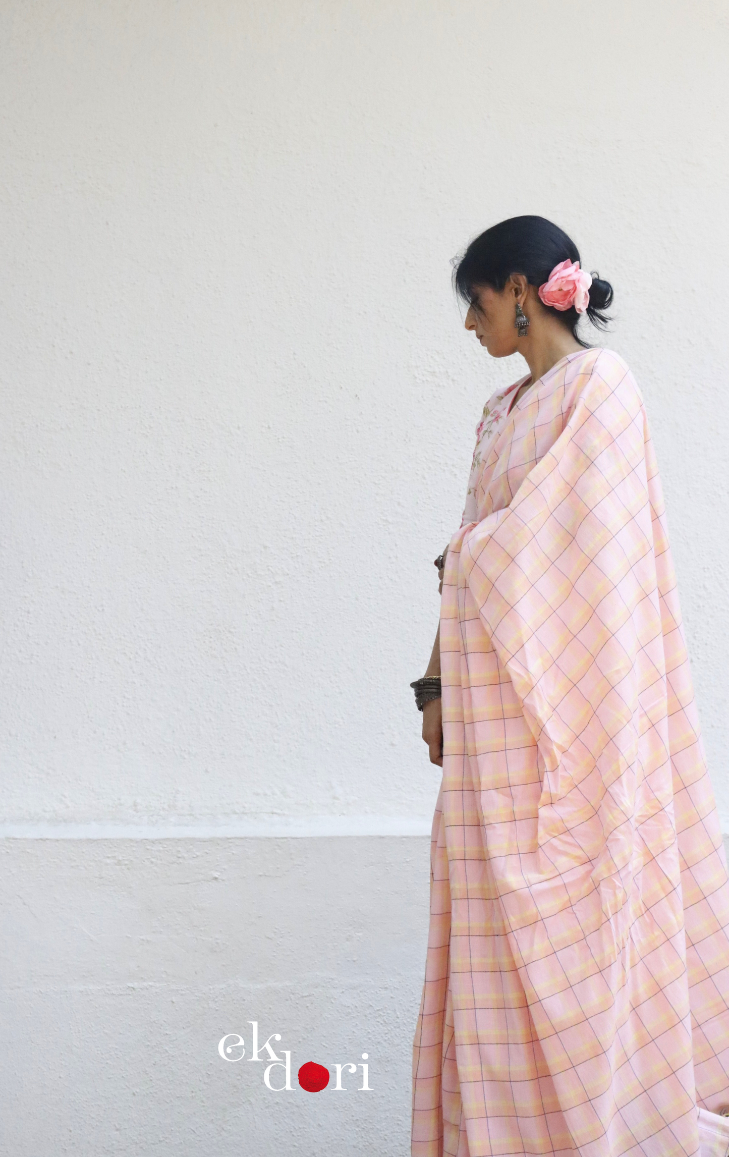 Soft Cotton Checks Handloom Saree 'Peaches & Sunshine' : Summer Cotton Handloom Saree