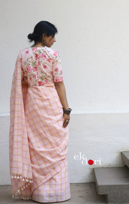 Soft Cotton Checks Handloom Saree 'Peaches & Sunshine' : Summer Cotton Handloom Saree