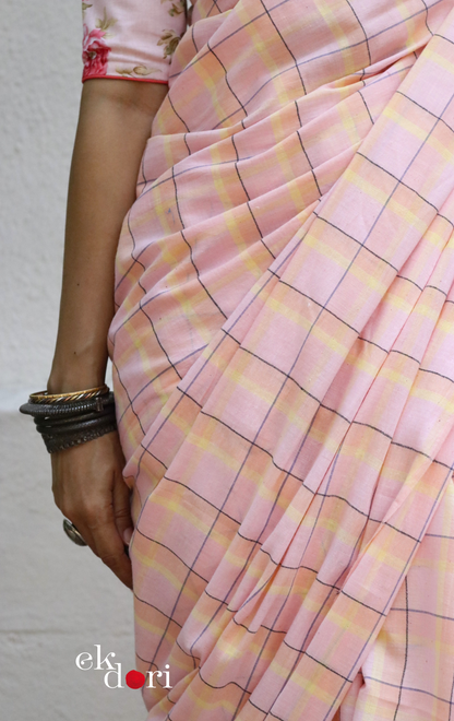 Soft Cotton Checks Handloom Saree 'Peaches & Sunshine' : Summer Cotton Handloom Saree