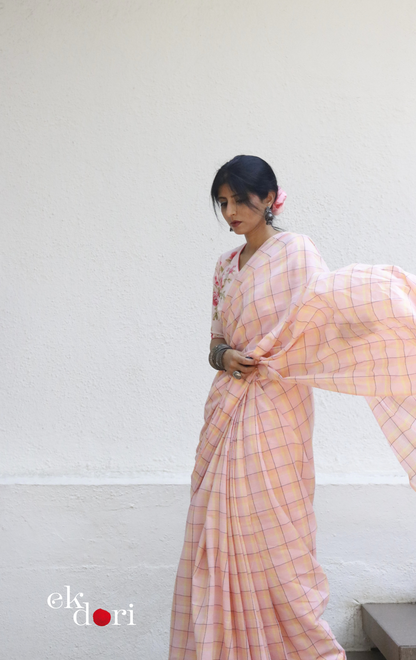Soft Cotton Checks Handloom Saree 'Peaches & Sunshine' : Summer Cotton Handloom Saree