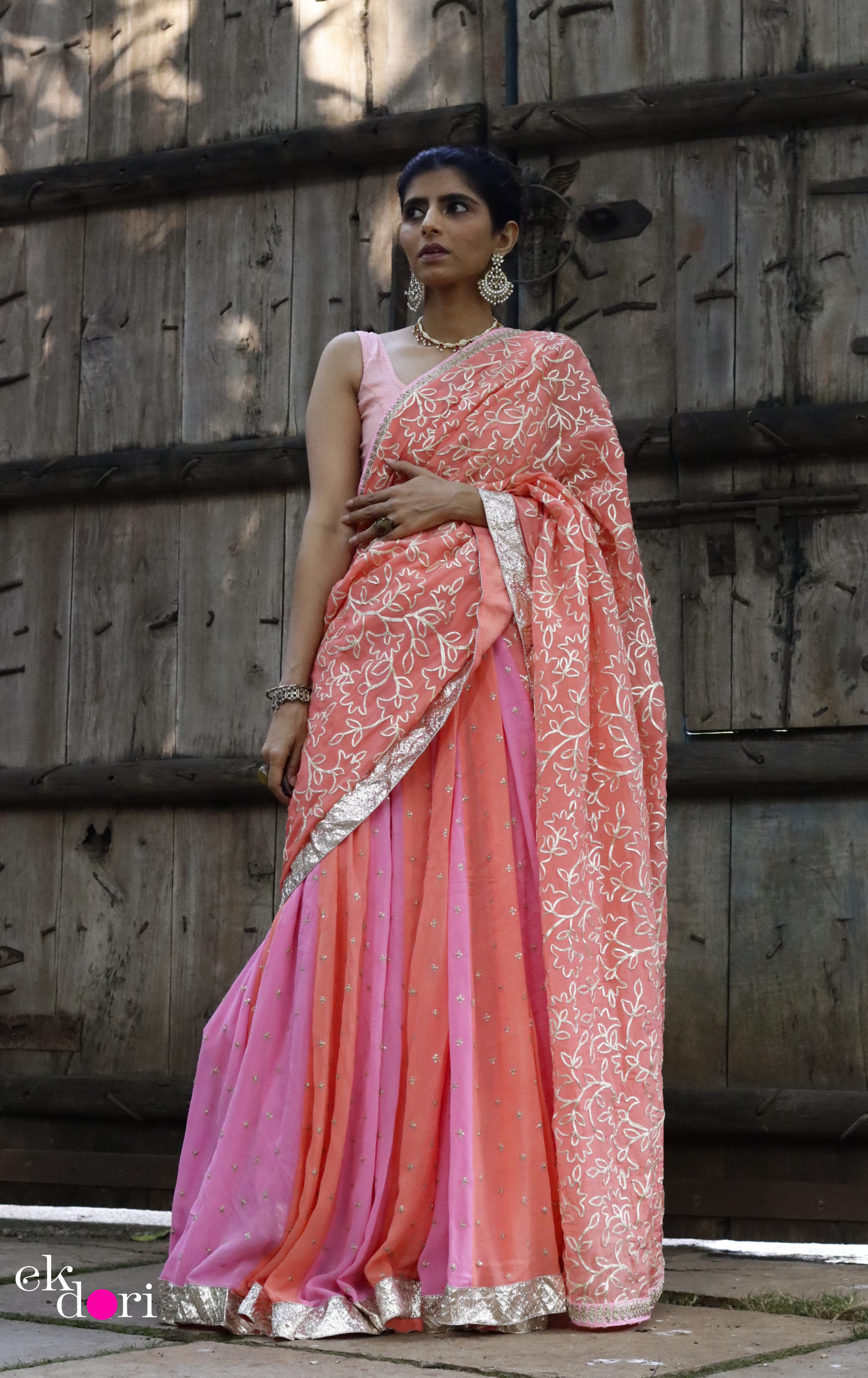 Peach Cobbler Lehenga Saree : Fun Kalidaar Lehenga Saree