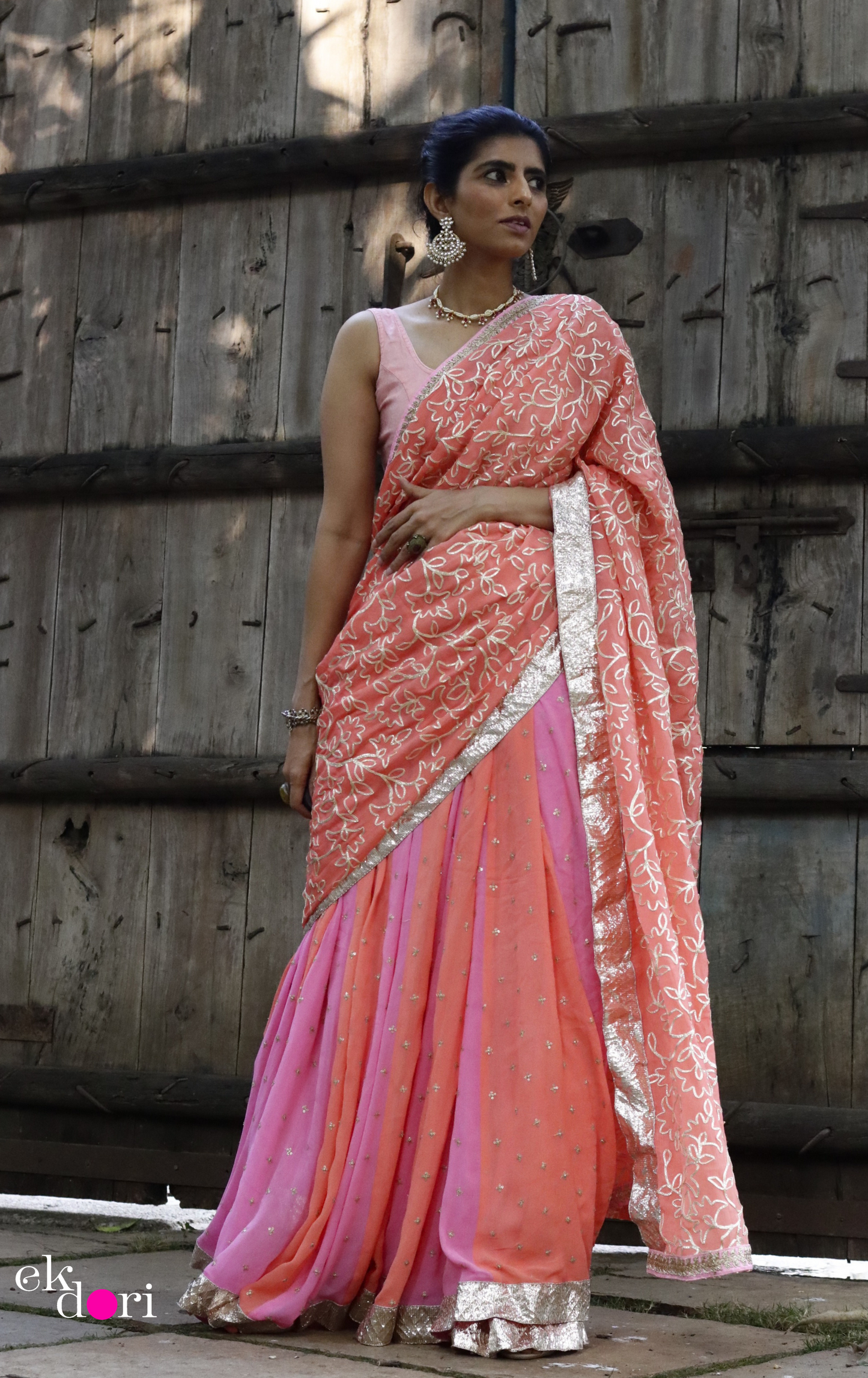 Peach Cobbler Lehenga Saree : Fun Kalidaar Lehenga Saree