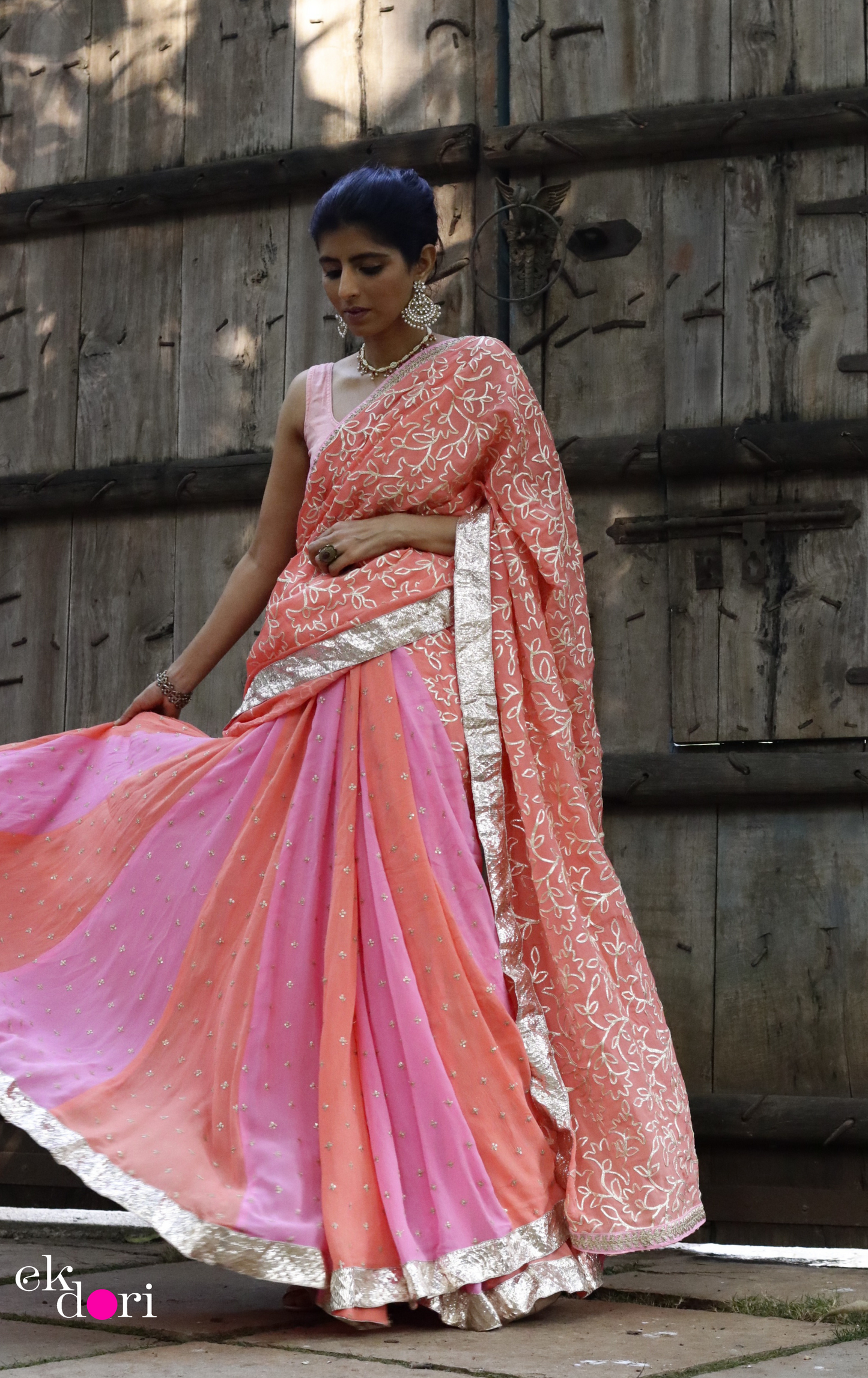 Peach Cobbler Lehenga Saree : Fun Kalidaar Lehenga Saree