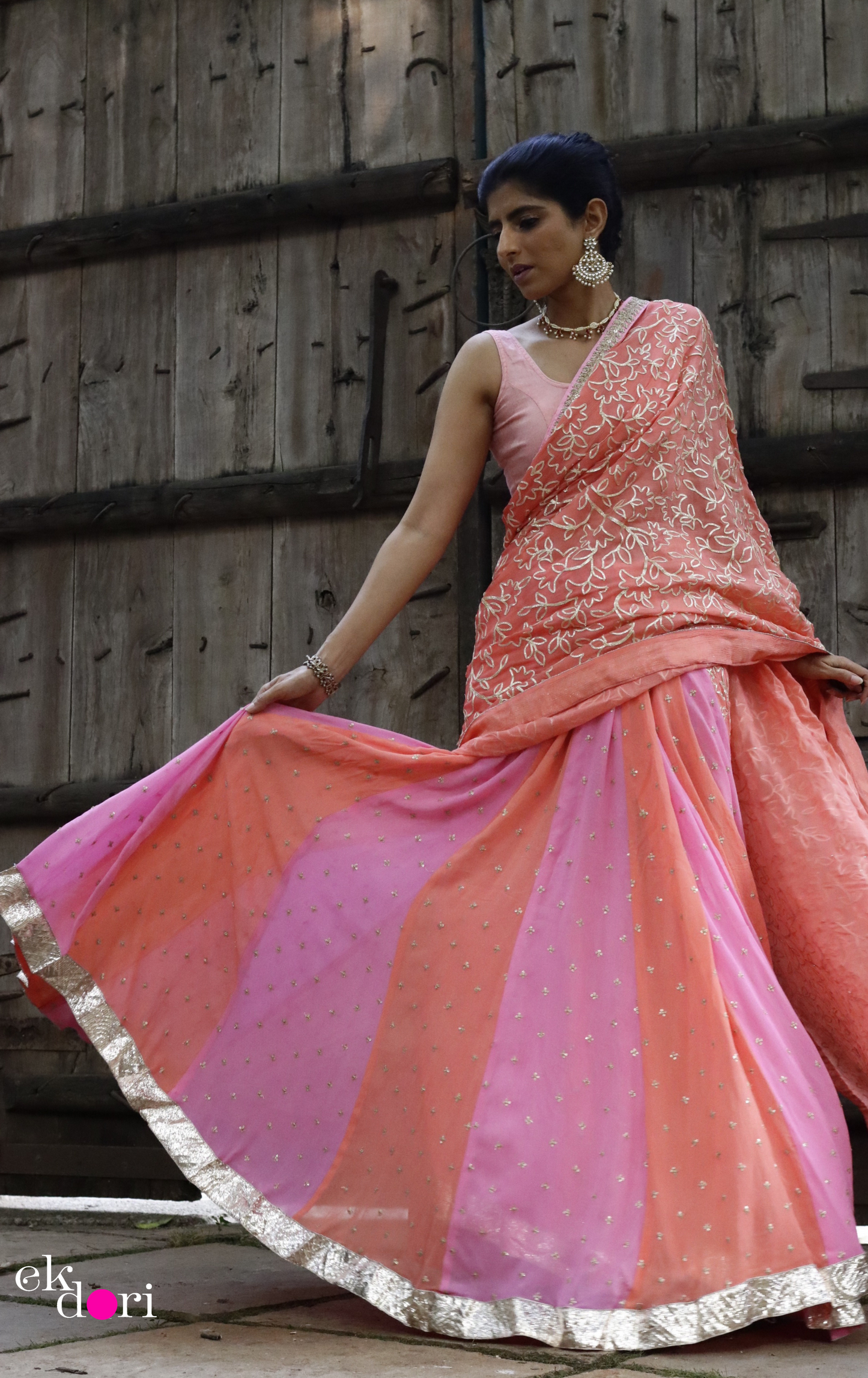 Peach Cobbler Lehenga Saree : Fun Kalidaar Lehenga Saree