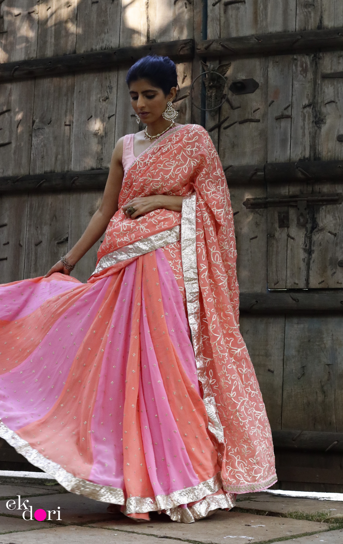 Peach Cobbler Lehenga Saree : Fun Kalidaar Lehenga Saree