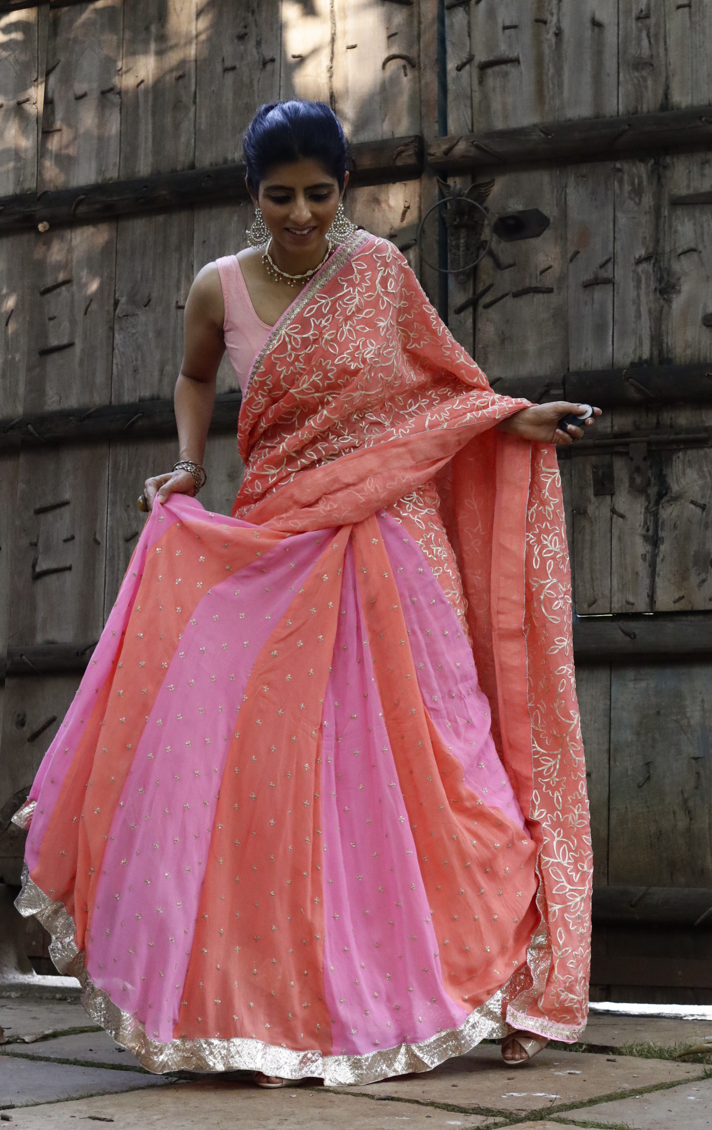 Peach Cobbler Lehenga Saree : Fun Kalidaar Lehenga Saree