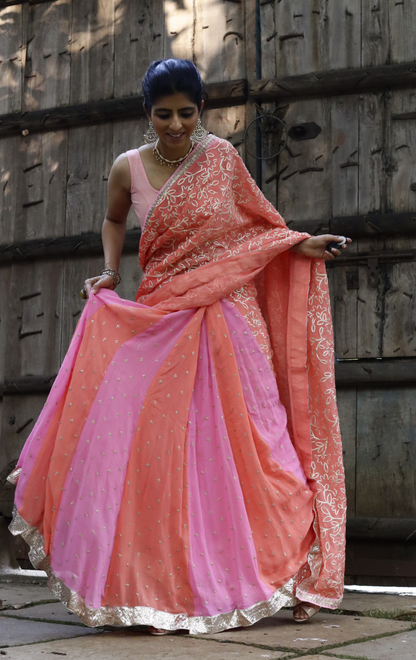 Peach Cobbler Lehenga Saree : Fun Kalidaar Lehenga Saree