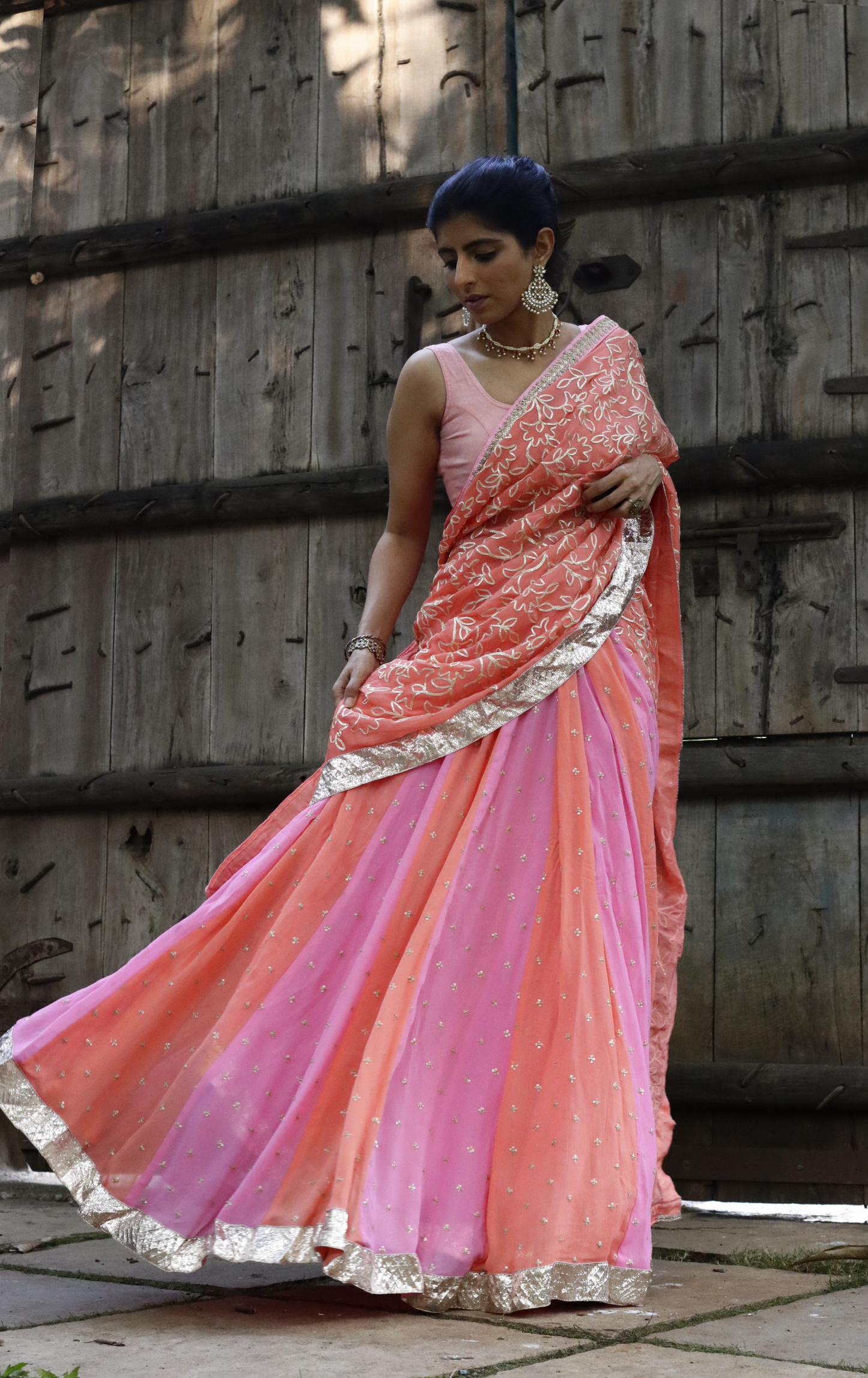 Peach Cobbler Lehenga Saree : Fun Kalidaar Lehenga Saree