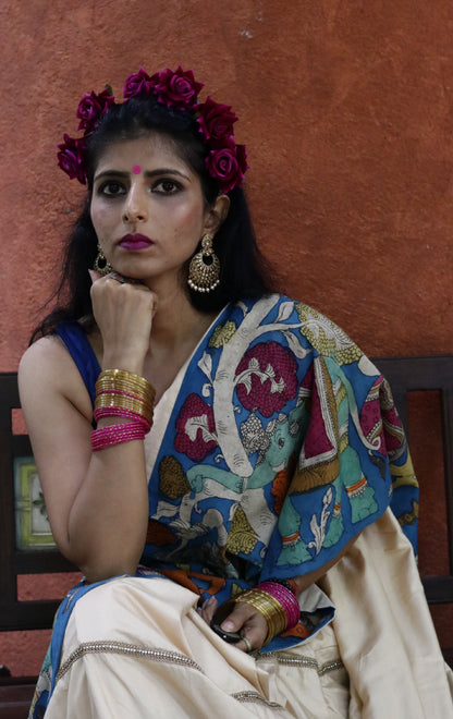 Raas Leela Pen Kalamkari Silk Saree : Festive Pure Silk Pen Kalamkari Saree