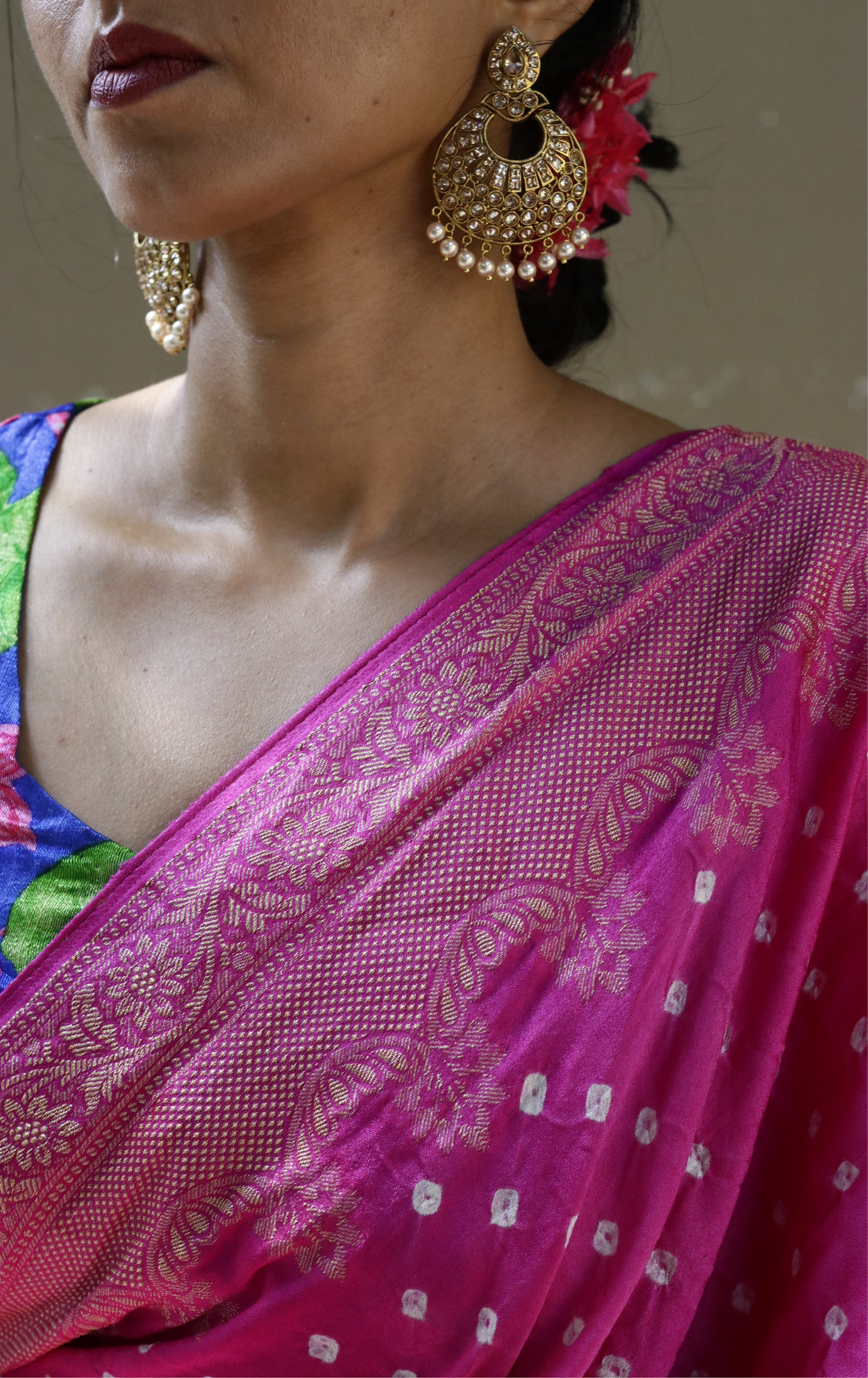 Buy Bandhani Designer Saree Online : Rani Pink Bandhani Hand Dyed Saree With Gold Border