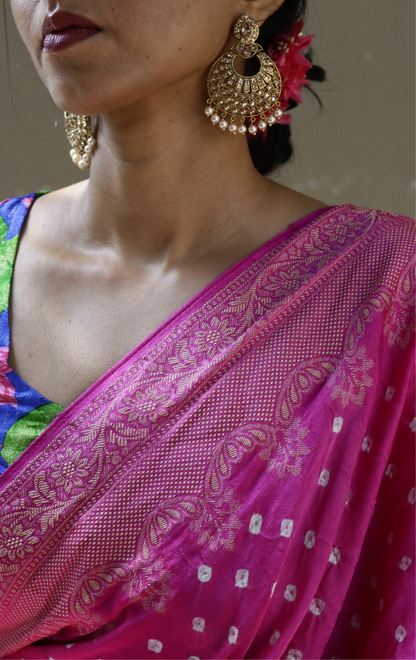 Buy Bandhani Designer Saree Online : Rani Pink Bandhani Hand Dyed Saree With Gold Border