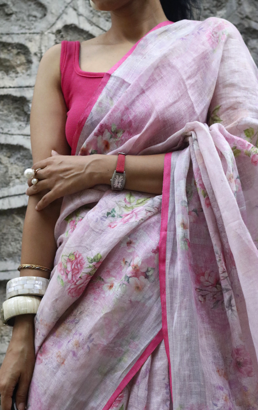 Buy Printed Linen Saree : 'Pink Palace' Summer Saree