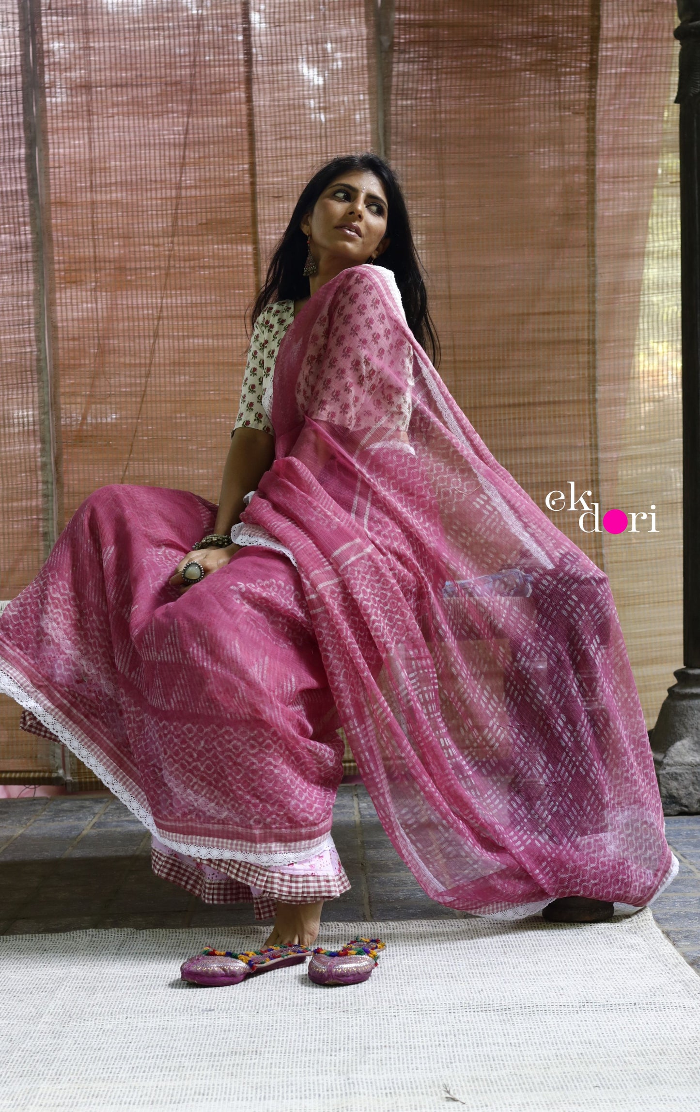 'Summer Sorbet' Kota Doria Saree With Crochet Lace Edging : Block Printed Kota Doria Saree