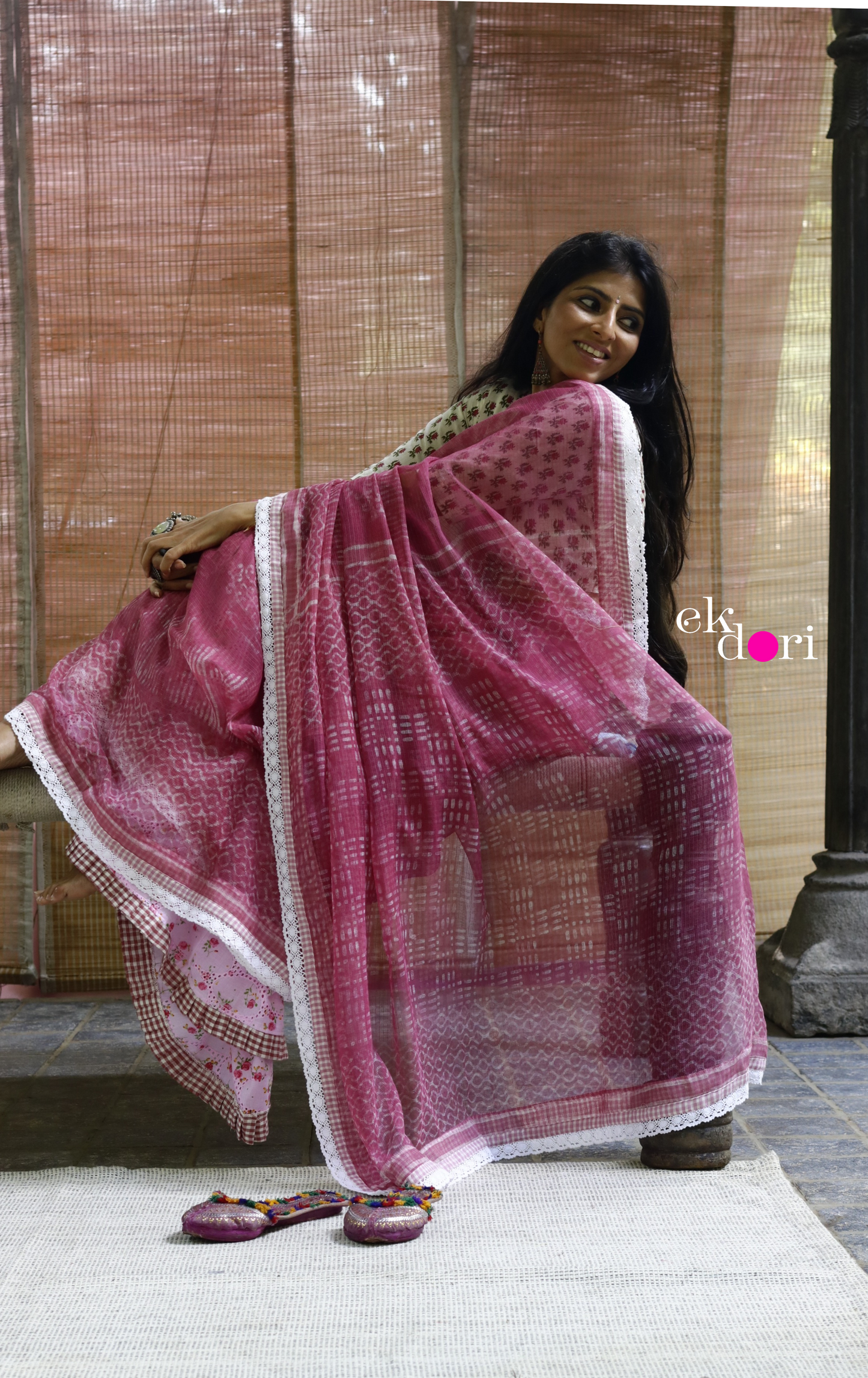 'Summer Sorbet' Kota Doria Saree With Crochet Lace Edging : Block Printed Kota Doria Saree