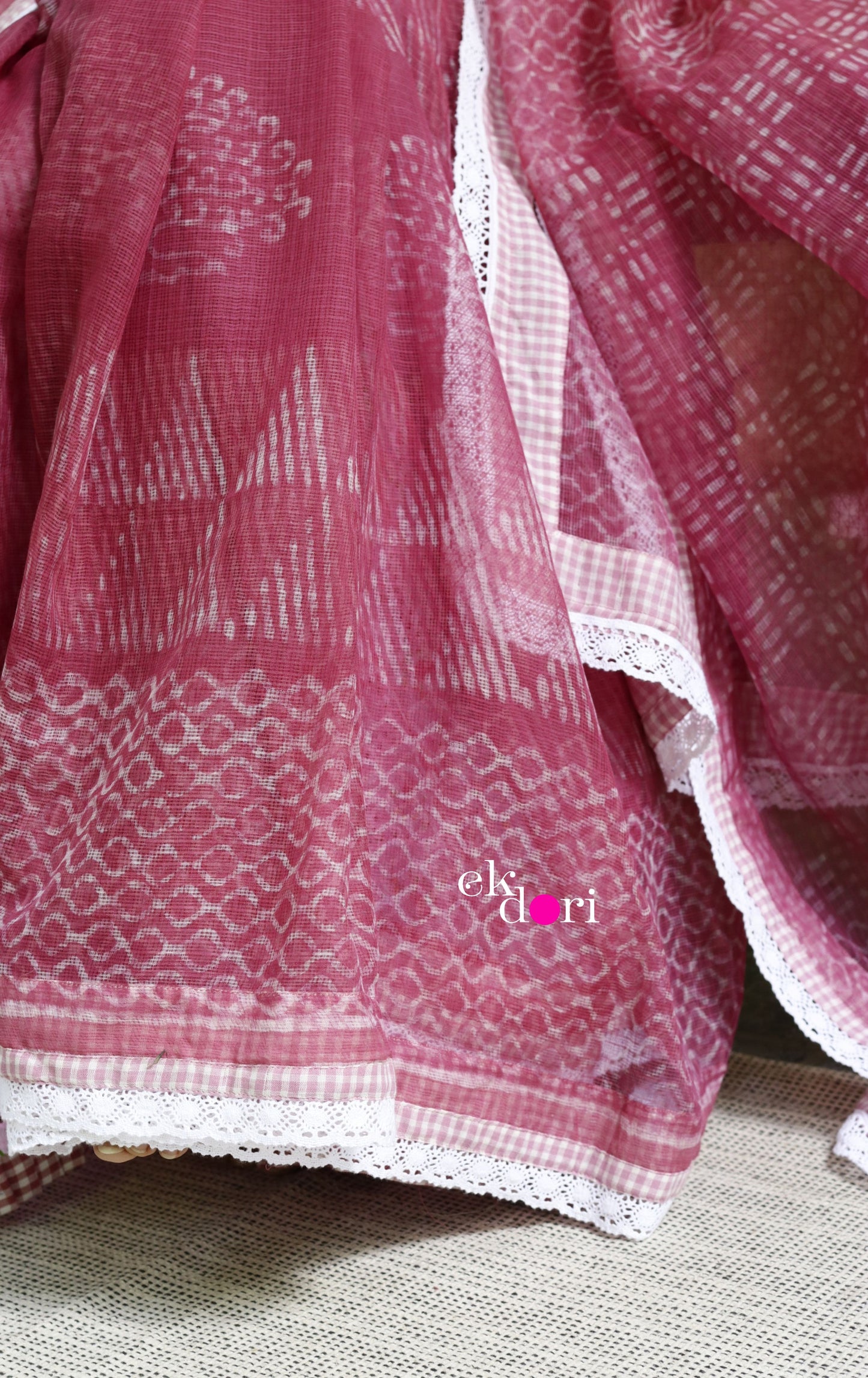 'Summer Sorbet' Kota Doria Saree With Crochet Lace Edging : Block Printed Kota Doria Saree