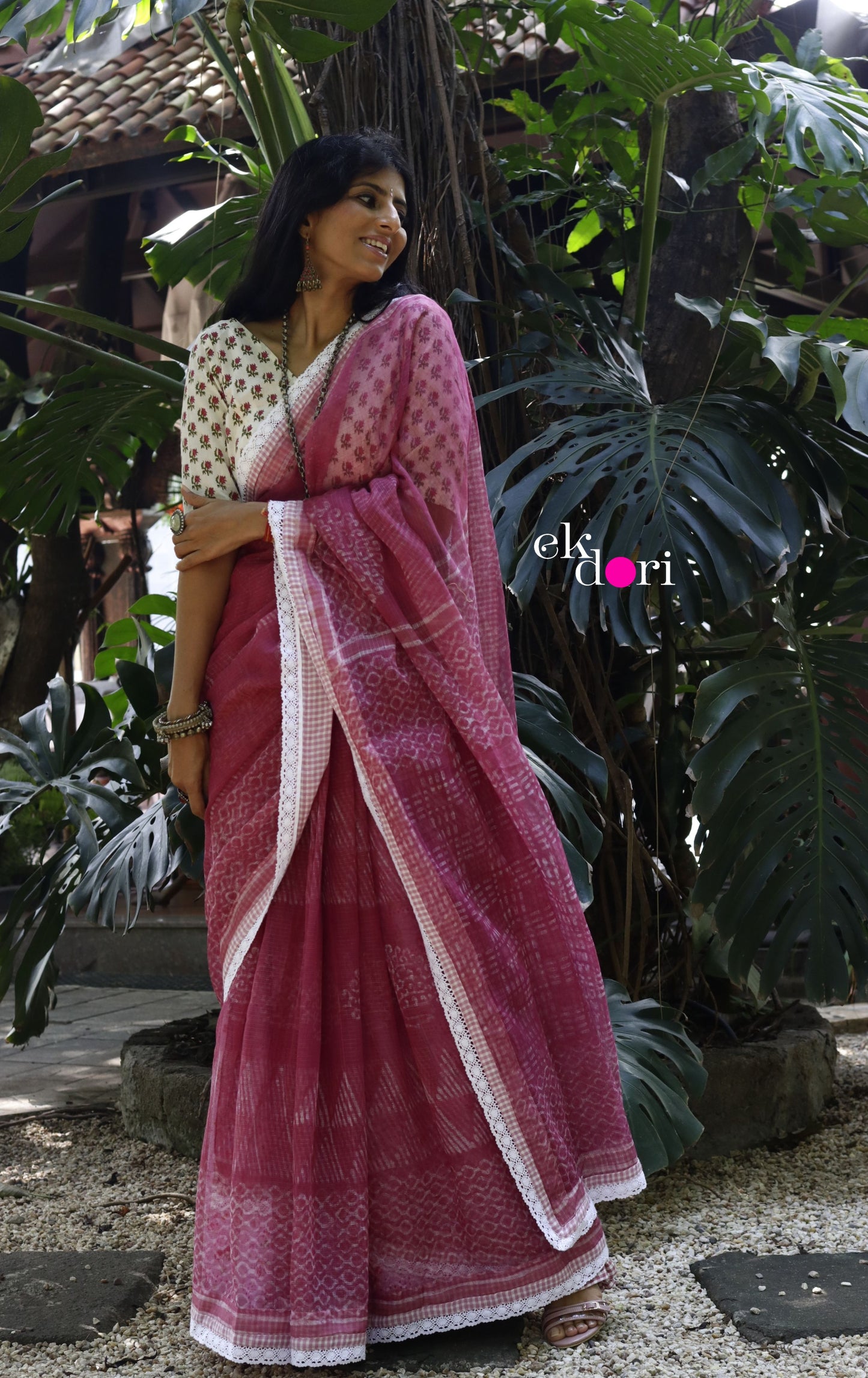 'Summer Sorbet' Kota Doria Saree With Crochet Lace Edging : Block Printed Kota Doria Saree