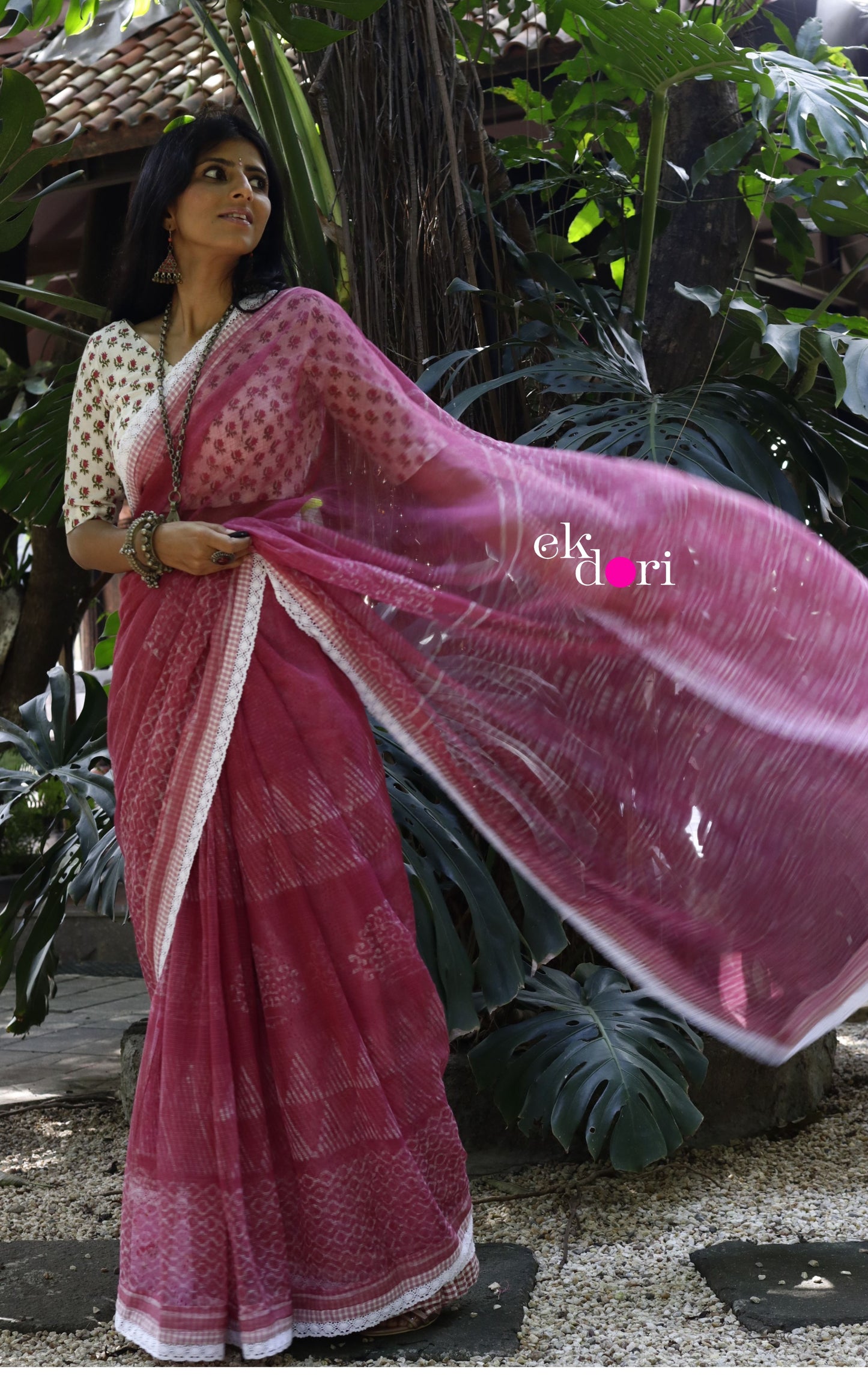 'Summer Sorbet' Kota Doria Saree With Crochet Lace Edging : Block Printed Kota Doria Saree