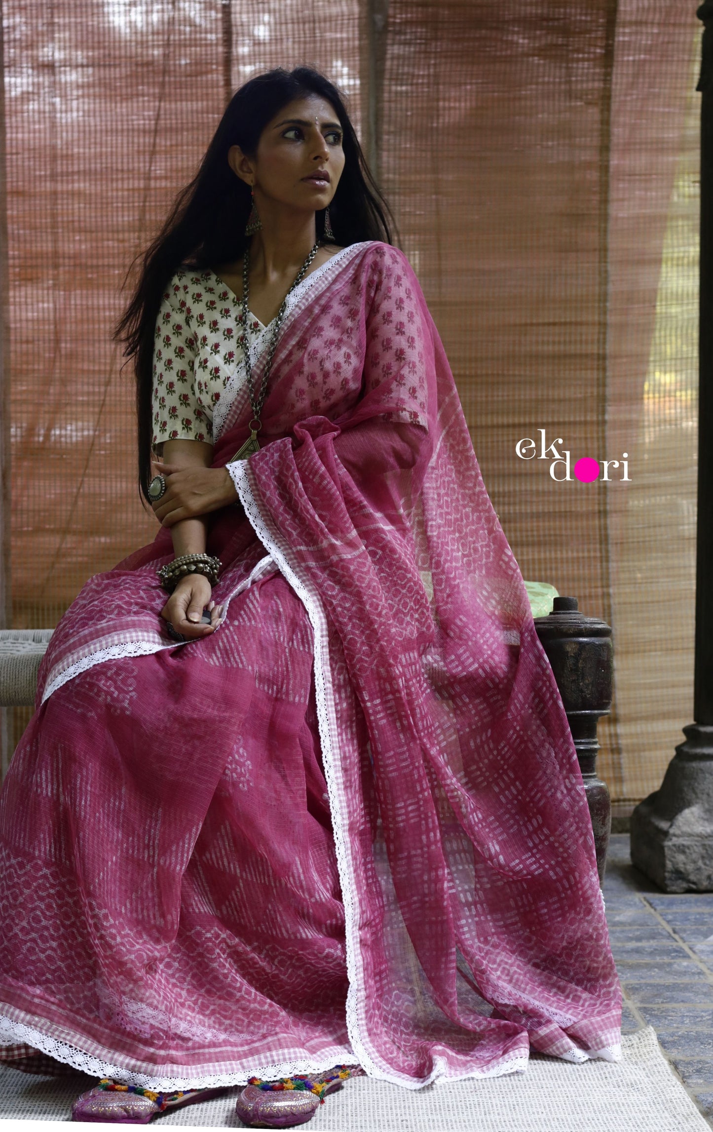 'Summer Sorbet' Kota Doria Saree With Crochet Lace Edging : Block Printed Kota Doria Saree