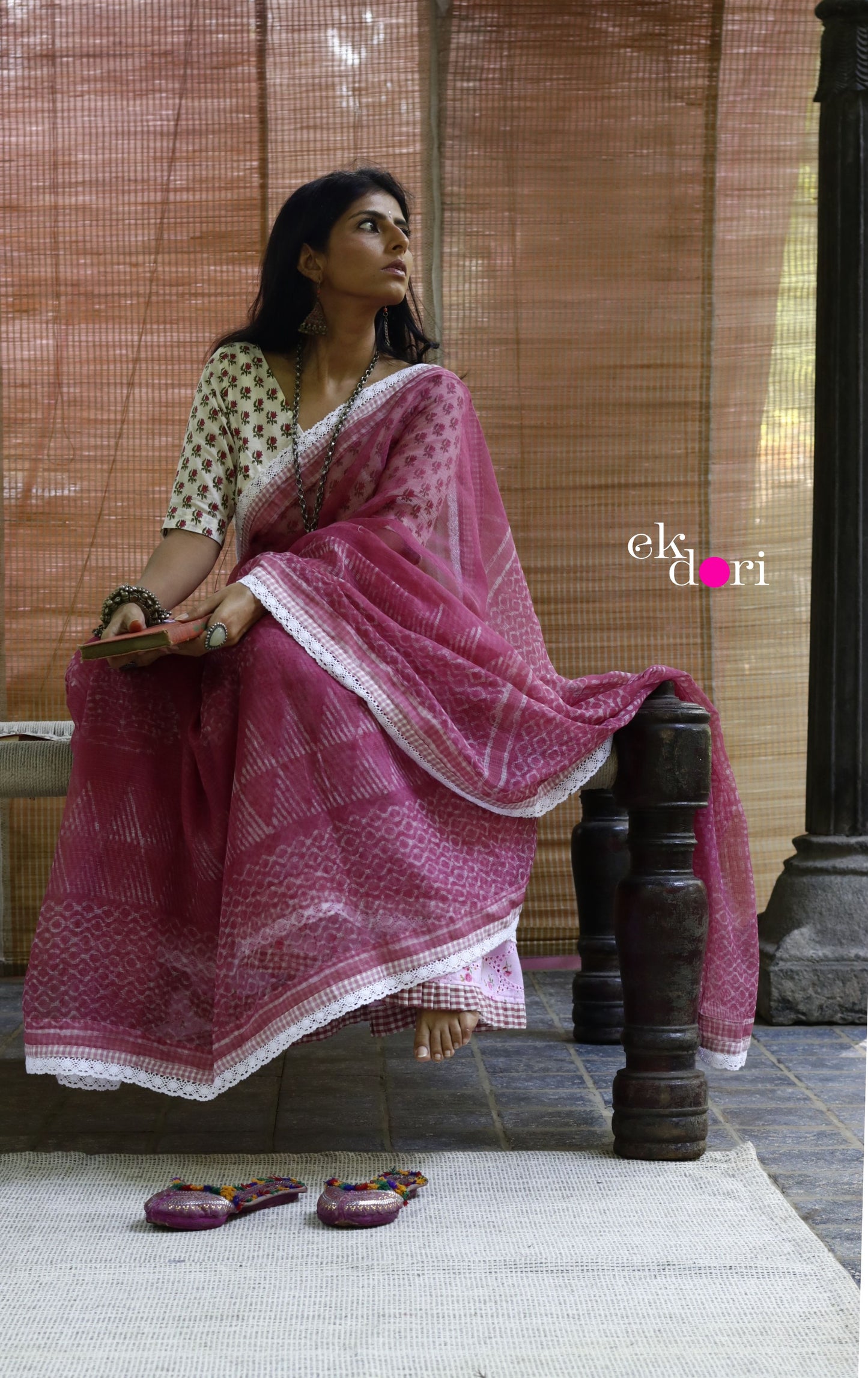 'Summer Sorbet' Kota Doria Saree With Crochet Lace Edging : Block Printed Kota Doria Saree