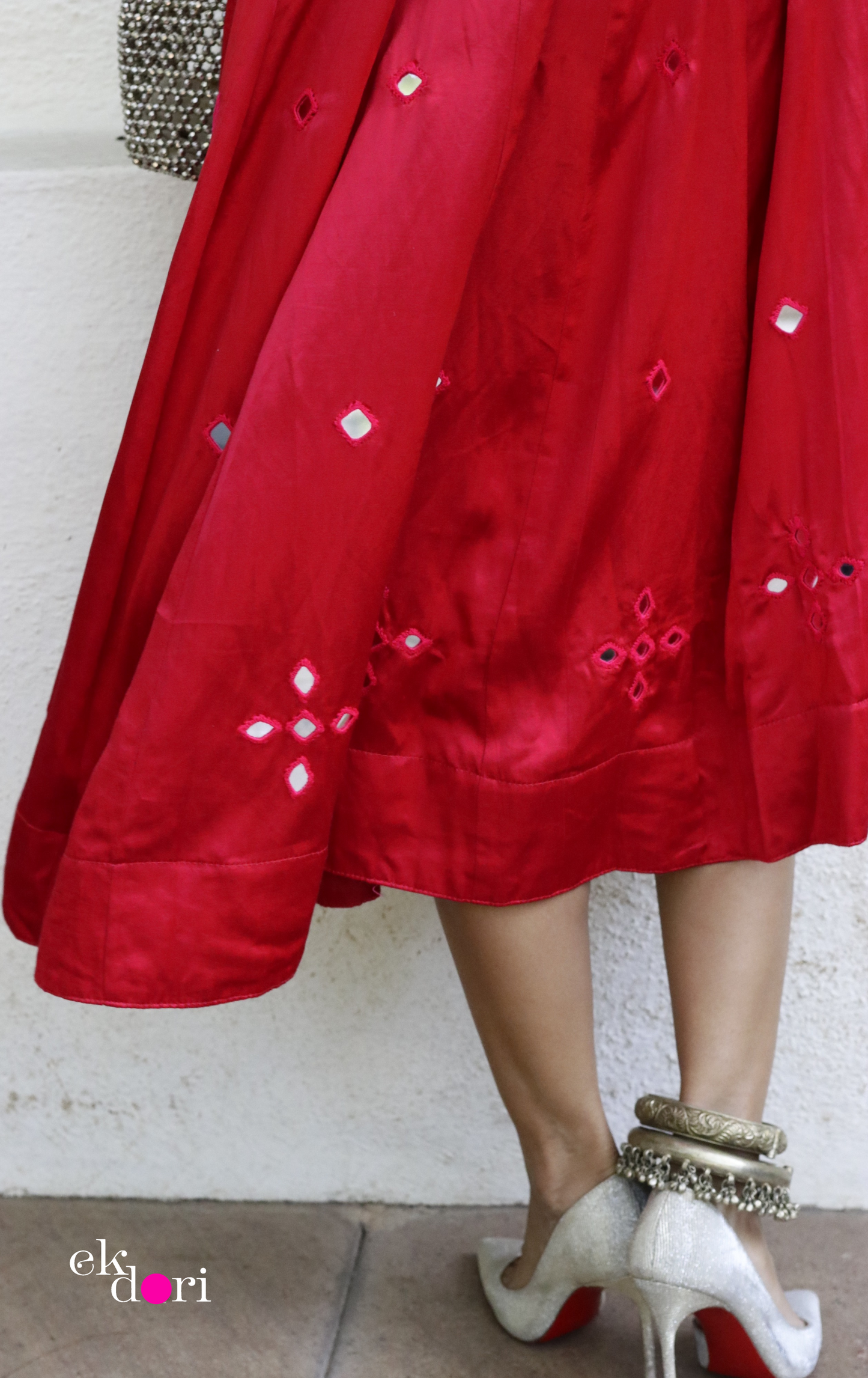 'Rani Rang' Mirror Work Mashru One Shoulder Festive Dress : Festive Modern Mirror Work Dress