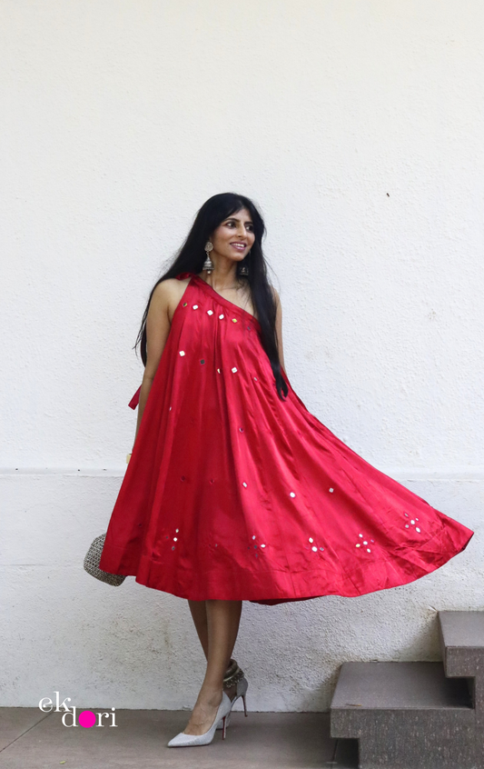 'Rani Rang' Mirror Work Mashru One Shoulder Festive Dress : Festive Modern Mirror Work Dress