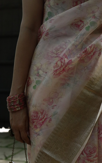 Buy 'Summer Sunset' Pure Organza Silk Saree With Banarasi Border: Summer Silk Banarasi Organza Saree