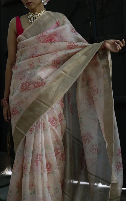 Buy 'Summer Sunset' Pure Organza Silk Saree With Banarasi Border: Summer Silk Banarasi Organza Saree