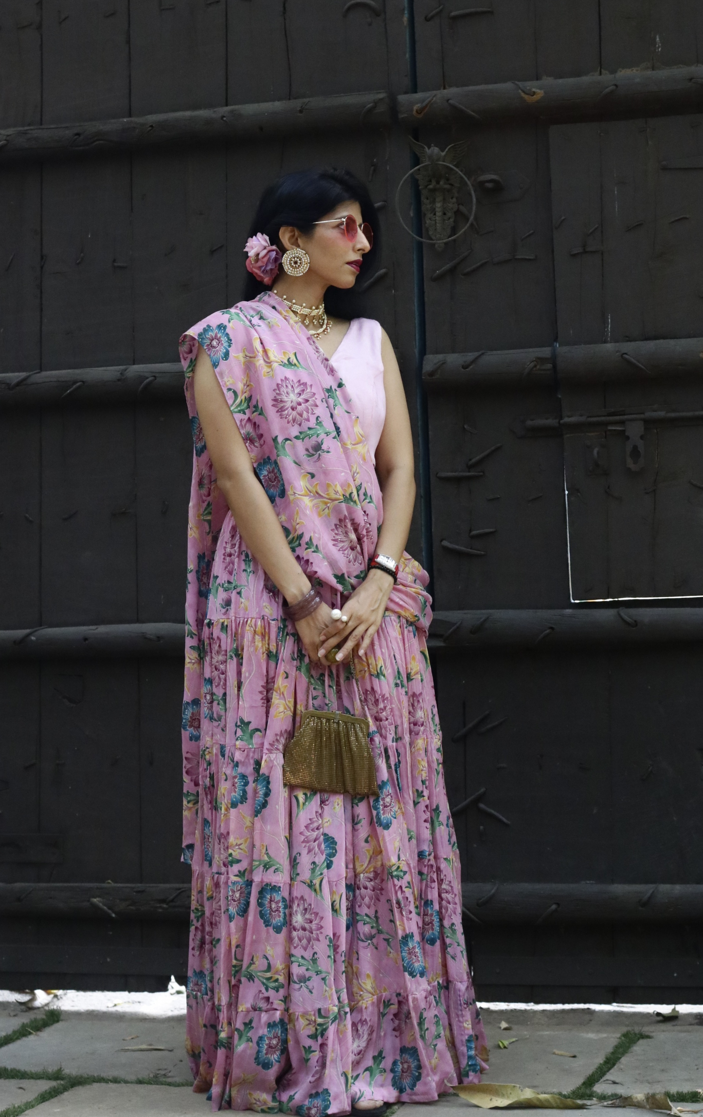 'Pink Paisley' Printed Fun Light Lehenga Saree : Fun Tiered Ready To Wear Lehenga Saree