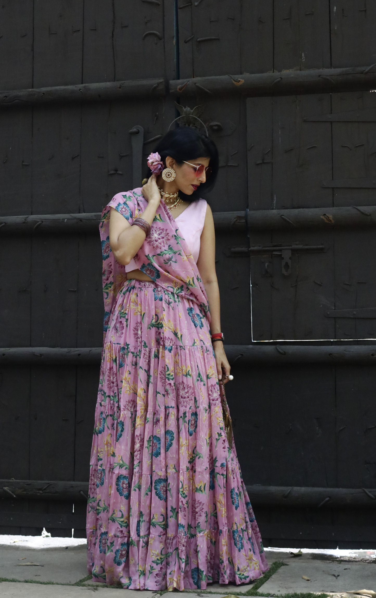 'Pink Paisley' Printed Fun Light Lehenga Saree : Fun Tiered Ready To Wear Lehenga Saree